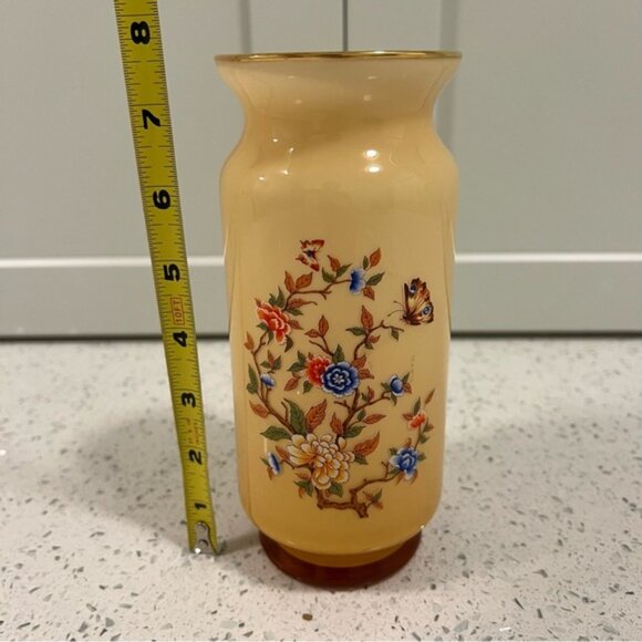 Vintage 1975 Bristol Handblown Cased Glass Vase Handpainted Floral Butterfly - Picture 2 of 8